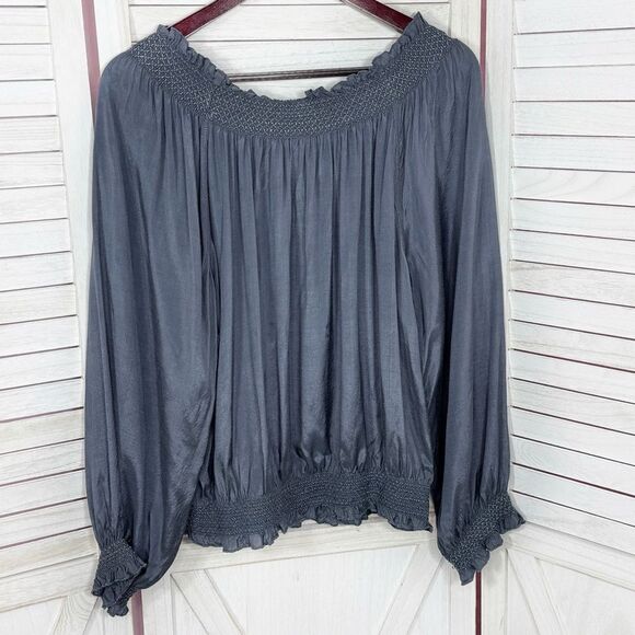 Nine West Smocked Charm Detail On Off Shoulder Peasant Blouse Blue Grey Medium - Picture 9 of 13